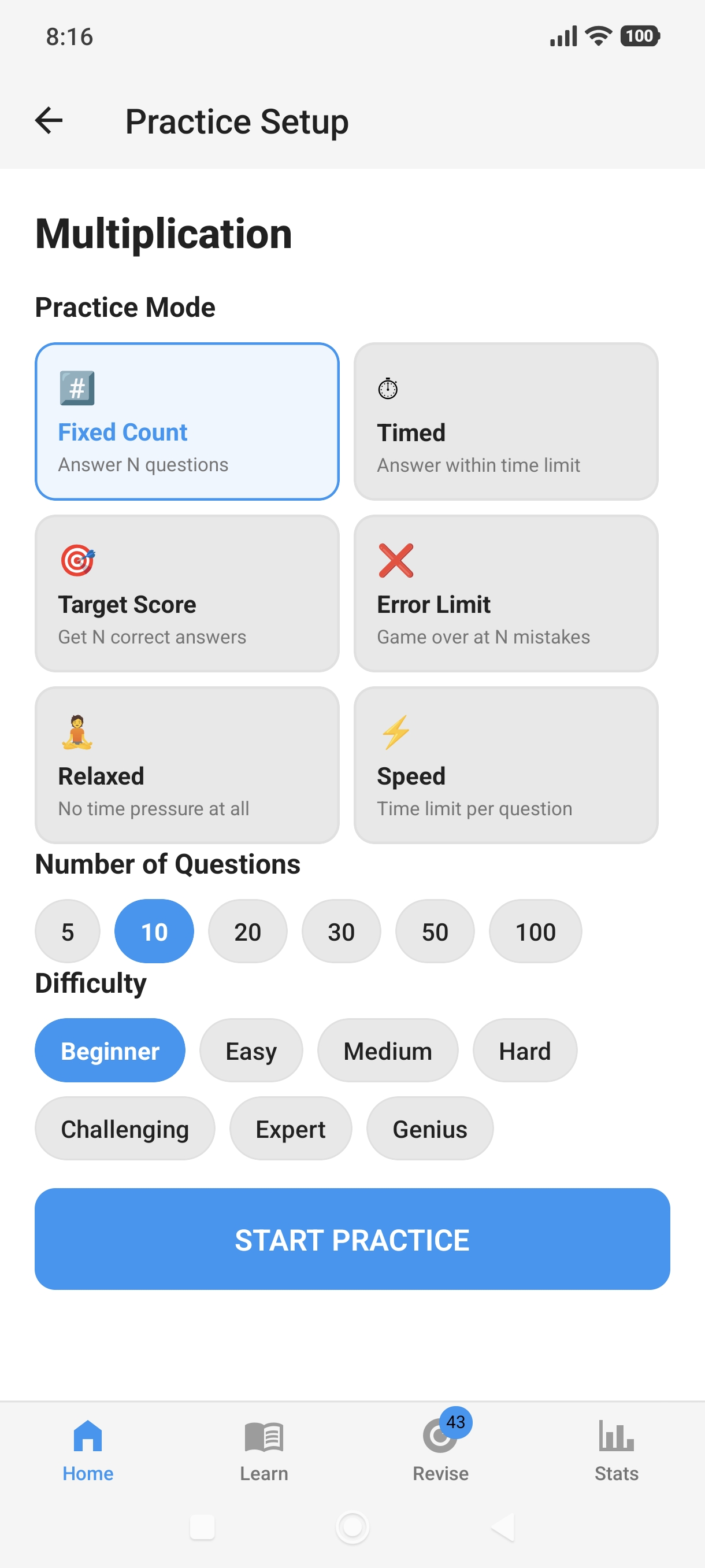 Math Drill – quiz screen
